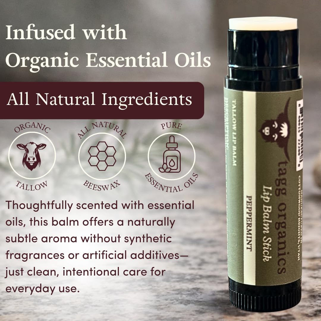 Peppermint Tallow Lip Balm - Moisturizing Lip Care with Grass-Fed Tallow, Natural Beeswax & Essential Oils, 4 Pack (.15 oz) Beauty and Personal Care TAGG ORGANICS