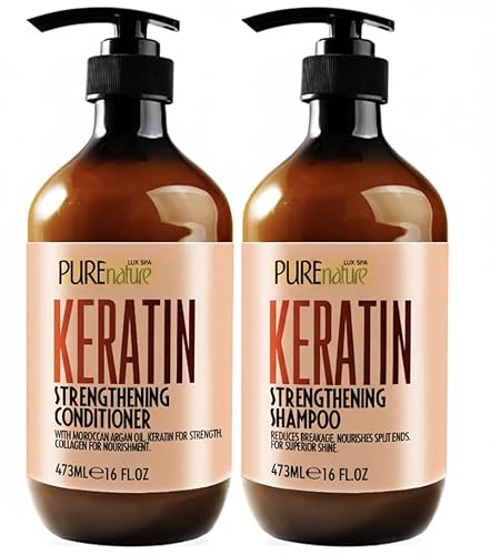 Keratin Shampoo and Conditioner Set - Sulfate and Paraben Free Treatment for Dry Hair - Anti Frizz, Collagen Enriched Formula for Curly or Damaged Beauty & Personal Care PURE NATURE LUX SPA