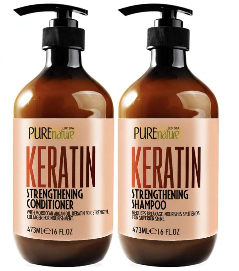Keratin Shampoo and Conditioner Set - Sulfate and Paraben Free Treatment for Dry Hair - Anti Frizz, Collagen Enriched Formula for Curly or Damaged Beauty & Personal Care PURE NATURE LUX SPA