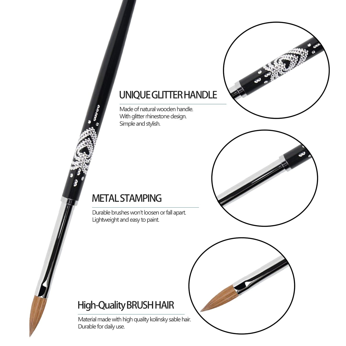 BQAN 3D Kolinsky Nail Art Brush 1Pc #4, Professional nail brushes for acrylic application, Natural Wooden Handle with Rhinestone Design Beauty & Personal Care BQAN
