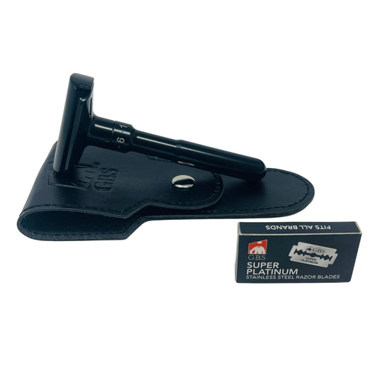 G.B.S Double Edge Safety Razor - Premium Black Steel Shaving Razor with Weighted Handle, Leather Travel Case & 10 DE Blades - Smooth, Close, Beauty and Personal Care G.B.S