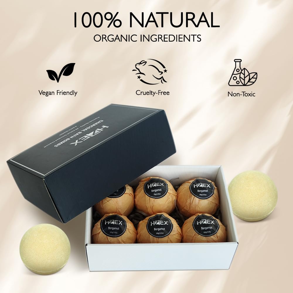 HZEX Charcoal Activated Bath Bombs for Men - Detox with Handmade Organic 6 Pack Bath Bomb Set, up to 3 Scents (Sandalwood, Bergamot, Ocean) Beauty and Personal Care HZEX