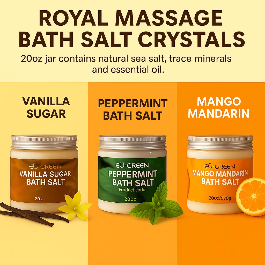 Royal Massage EÜ-Green Bath Salt - Aromatherapy Soak for Relaxation & Muscle Relief - Skin Softening, Natural Mineral Formula - 20oz Jar (Set of 3 Beauty and Personal Care Royal Massage