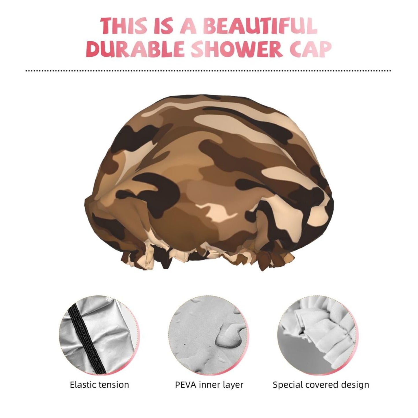 Brown camouflage Shower Cap for Women Men Large Reusable Shower Bonnet Double-Layer Waterproof Bath Caps Elastic Band Hair Hat for All Hairstyles Beauty and Personal Care BWLHJKE