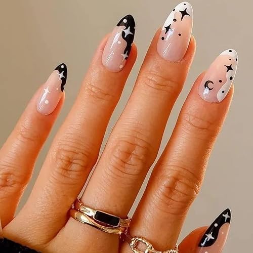 GLAMERMAID Black Press on Nails Medium Almond, Emo Crush Jelly Gel Gothic Stiletto False Glue on Nails Kit with Moon Star Desgin for Women, Reusable Beauty & Personal Care GLAMERMAID