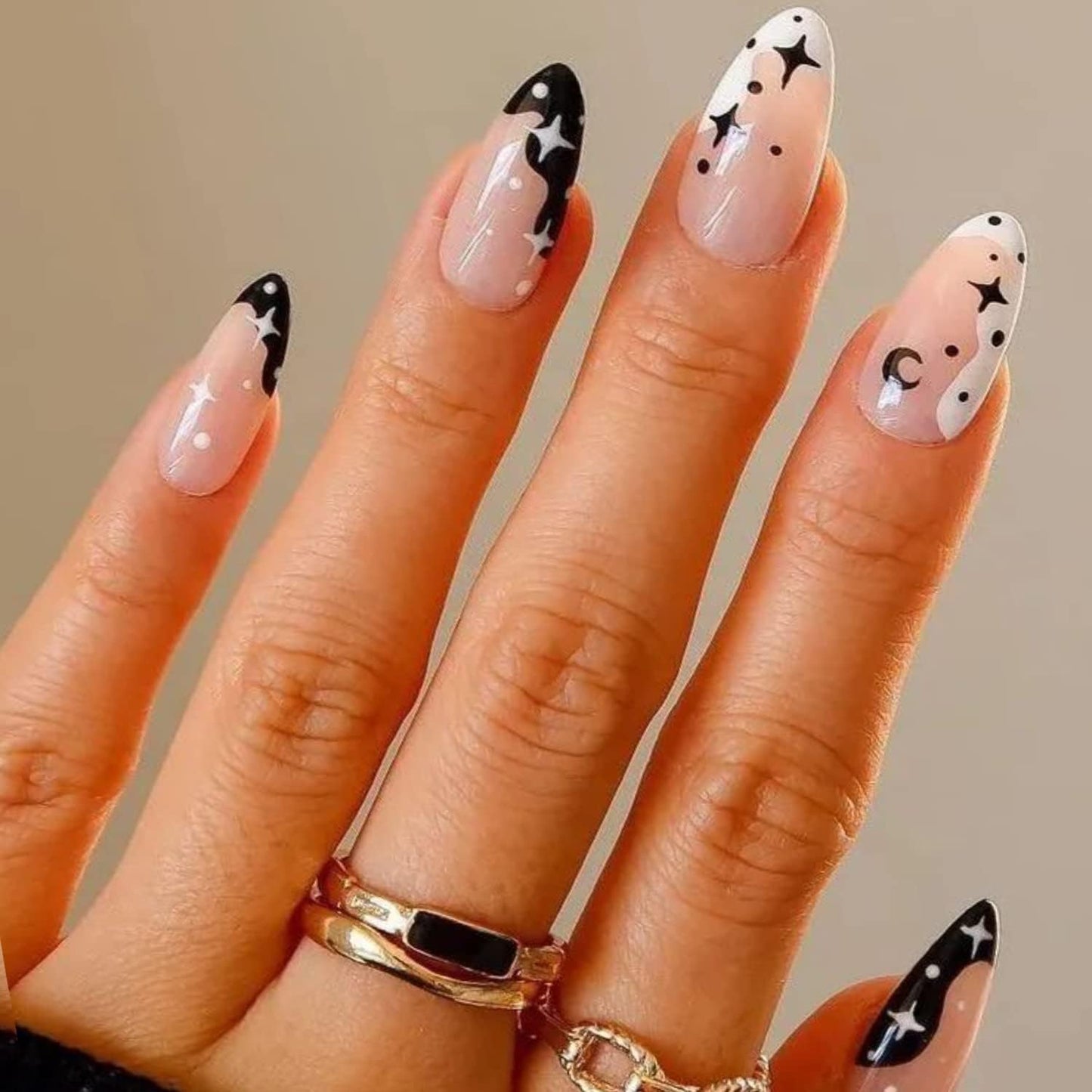 GLAMERMAID Black Press on Nails Medium Almond, Emo Crush Jelly Gel Gothic Stiletto False Glue on Nails Kit with Moon Star Desgin for Women, Reusable Beauty & Personal Care GLAMERMAID
