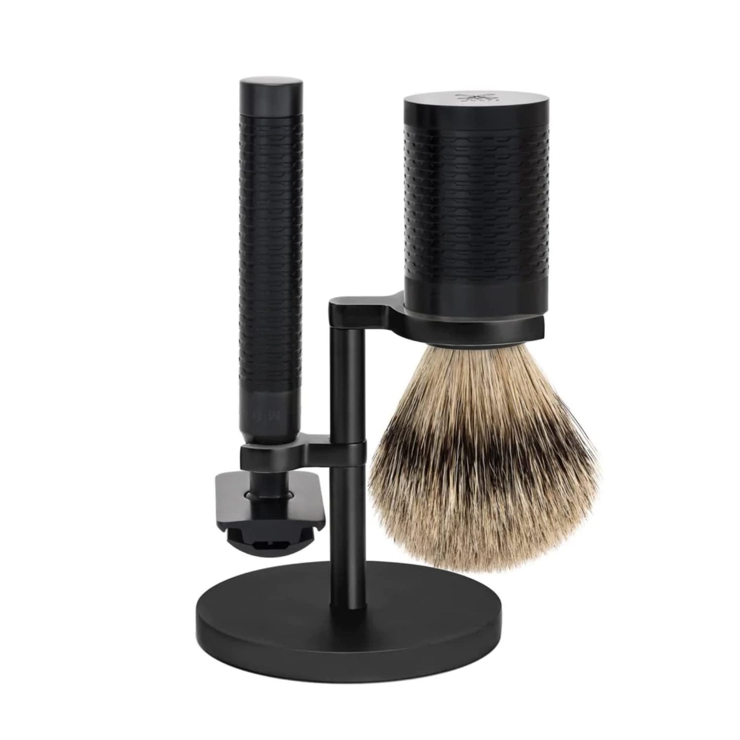 MHLE ROCCA Jet Black Stainless Steel 3-Piece Shaving Set - Silvertip Badger Brush, Safety Razor & Stand Men's Grooming, Modern, Masculine, Elegant Beauty and Personal Care MÜHLE