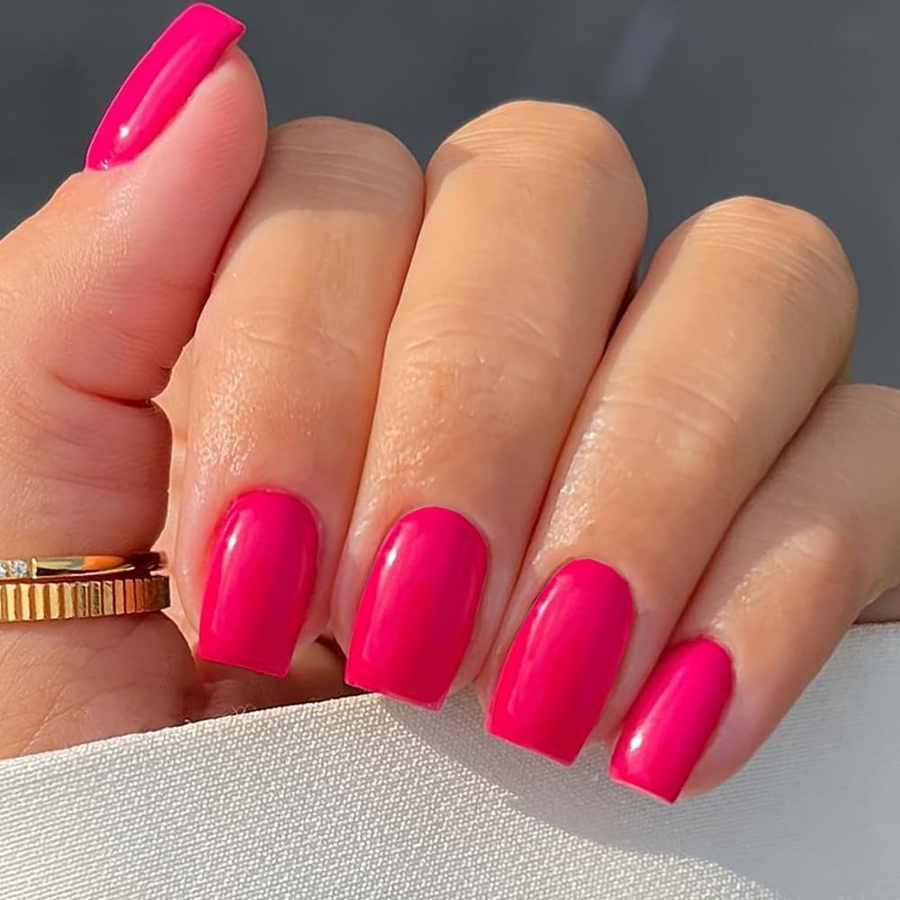 Gel Nail Polish Press on Nails Short, Handmade Hot Pink Fake Nails Medium Square Shape UV Jelly Finish Glue on Nails for Women Acrylic False Nail Kits Beauty & Personal Care GLAMERMAID