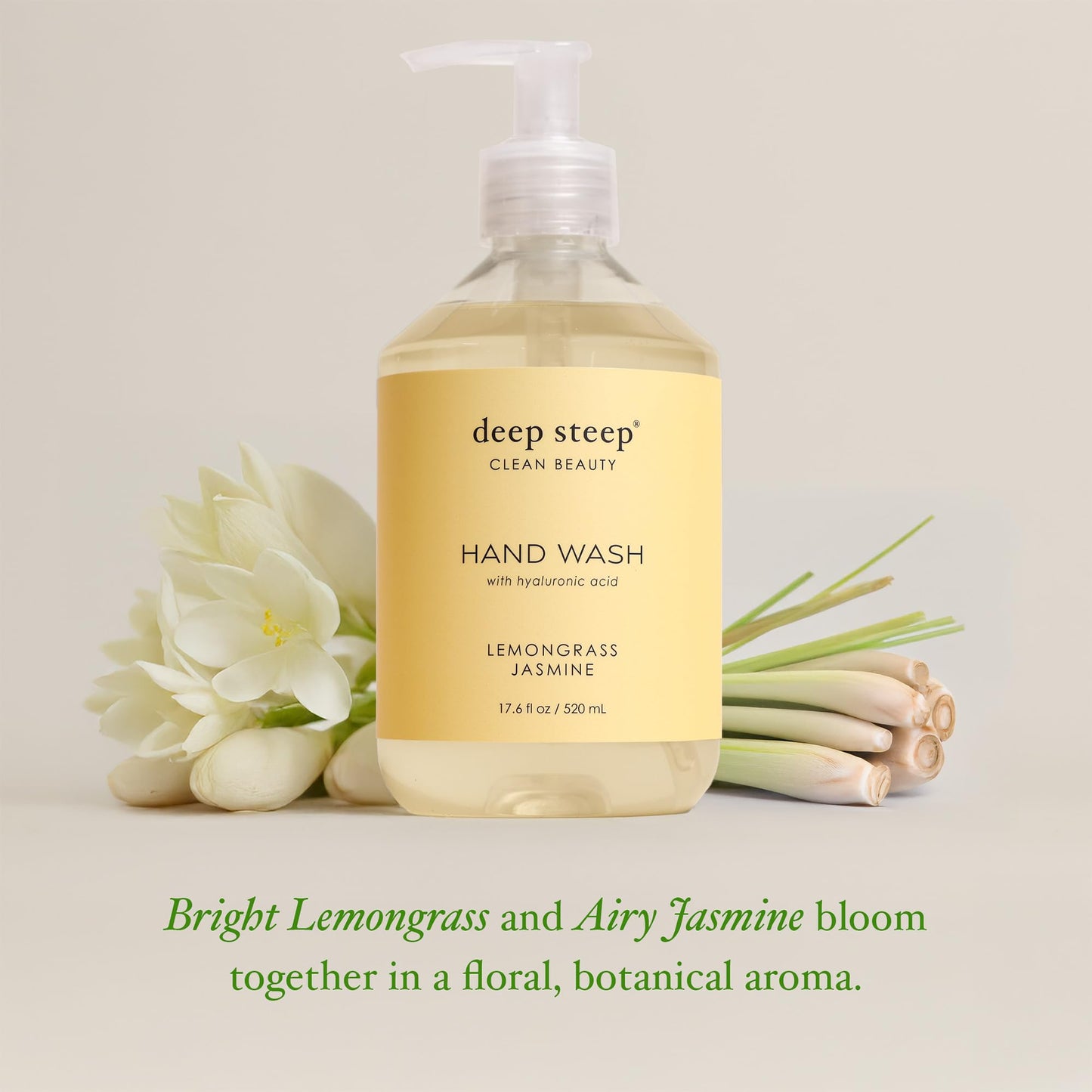 Deep Steep Liquid Hand Wash, Lemongrass Jasmine, 17.6 oz - Moisturizing Cleanser with Olive Oil, Aloe Vera, Glycerin & Hyaluronic Acid - Vegan, Clean Beauty & Personal Care Deep Steep