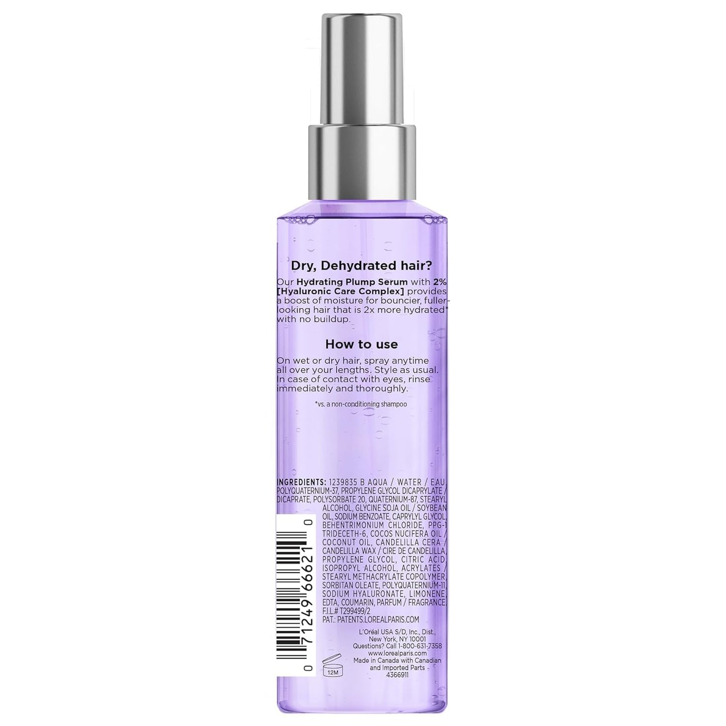 L'Oreal Paris Elvive Hyaluron Plump Moisture Plump Hair Serum for Dehydrated, Dry Hair with Hyaluronic Acid Care Complex, Paraben-Free, 4.4 Fl Oz (3 Beauty & Personal Care L'Oreal Paris