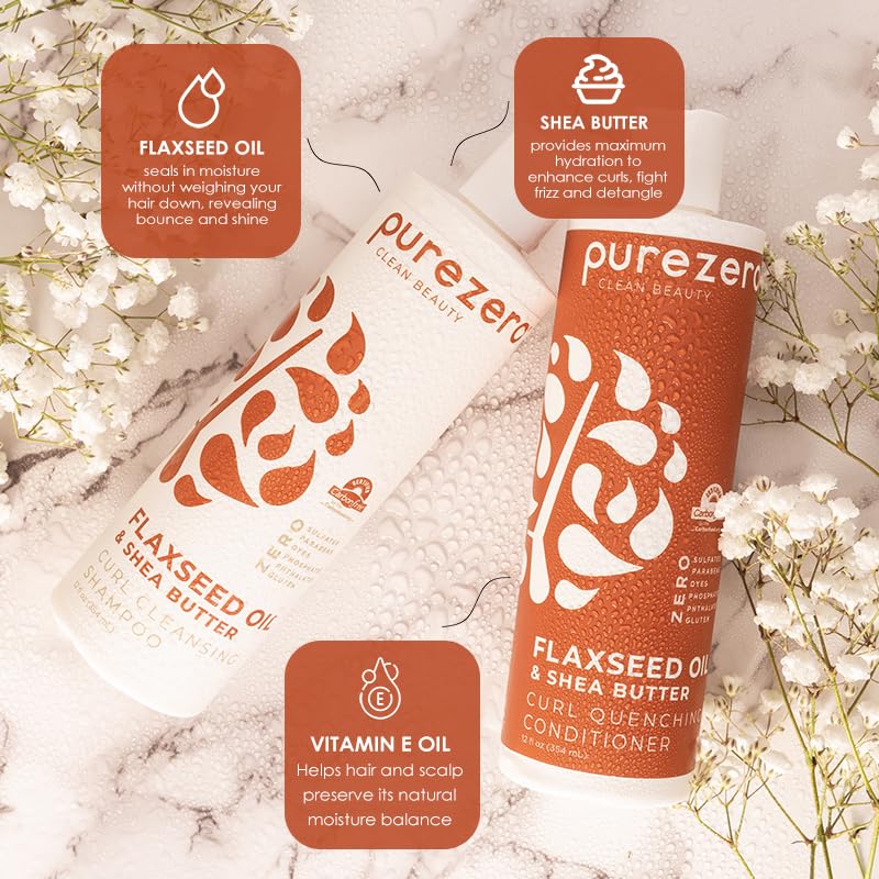 Purezero Flaxseed Oil & Shea Butter Shampoo and Conditioner Set - Curl Care - For Curly Hair Detangle & Defrizz - Zero Sulfates/Parabens/Dyes -100% Beauty & Personal Care Purezero