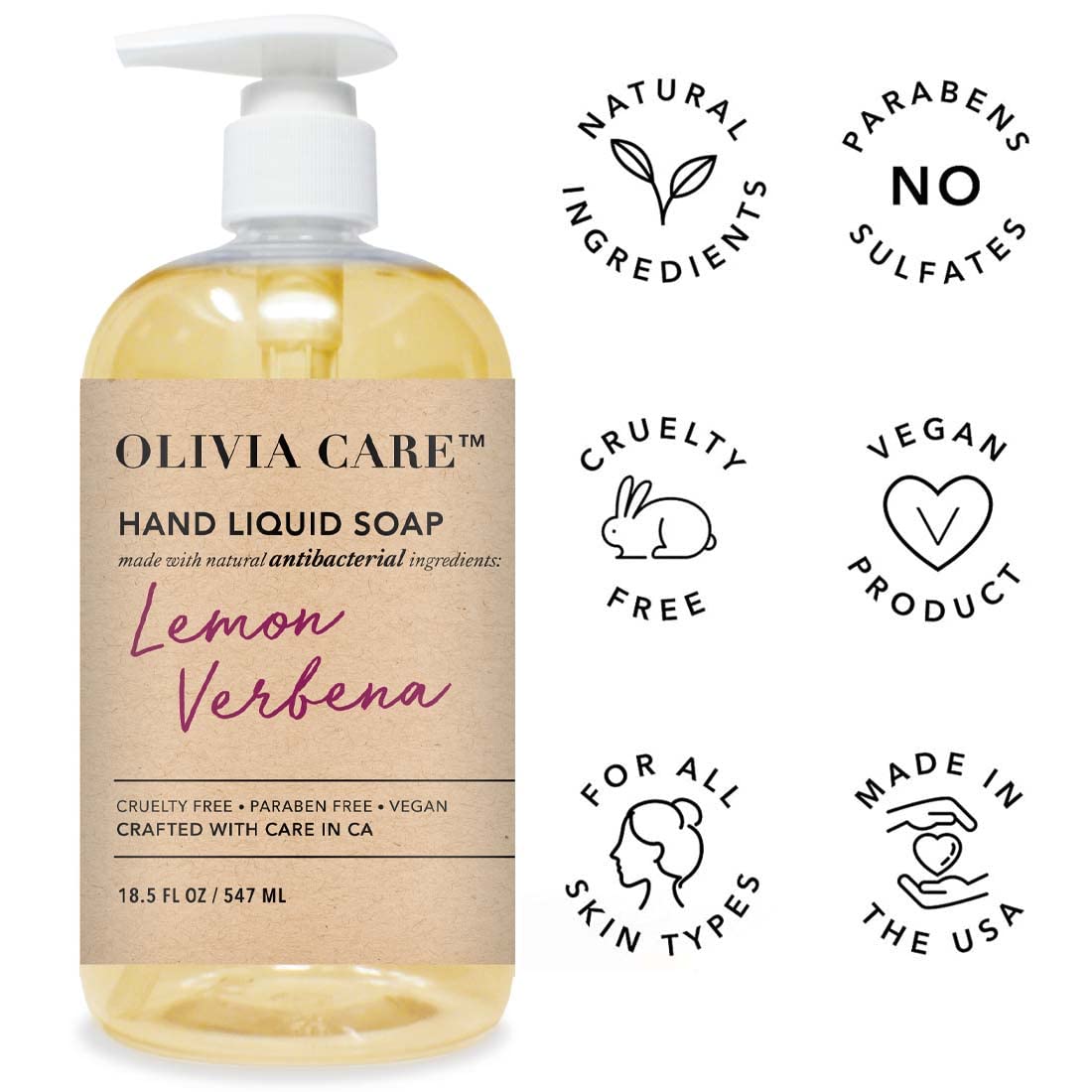 Olivia Care Antibacterial Hand Soap - Infused with Sage & Tea Tree Oil & Lemon Verbena Fragrance, Cleansing, Germ-Fighting, Moisturizing Hand Wash Beauty & Personal Care Olivia Care