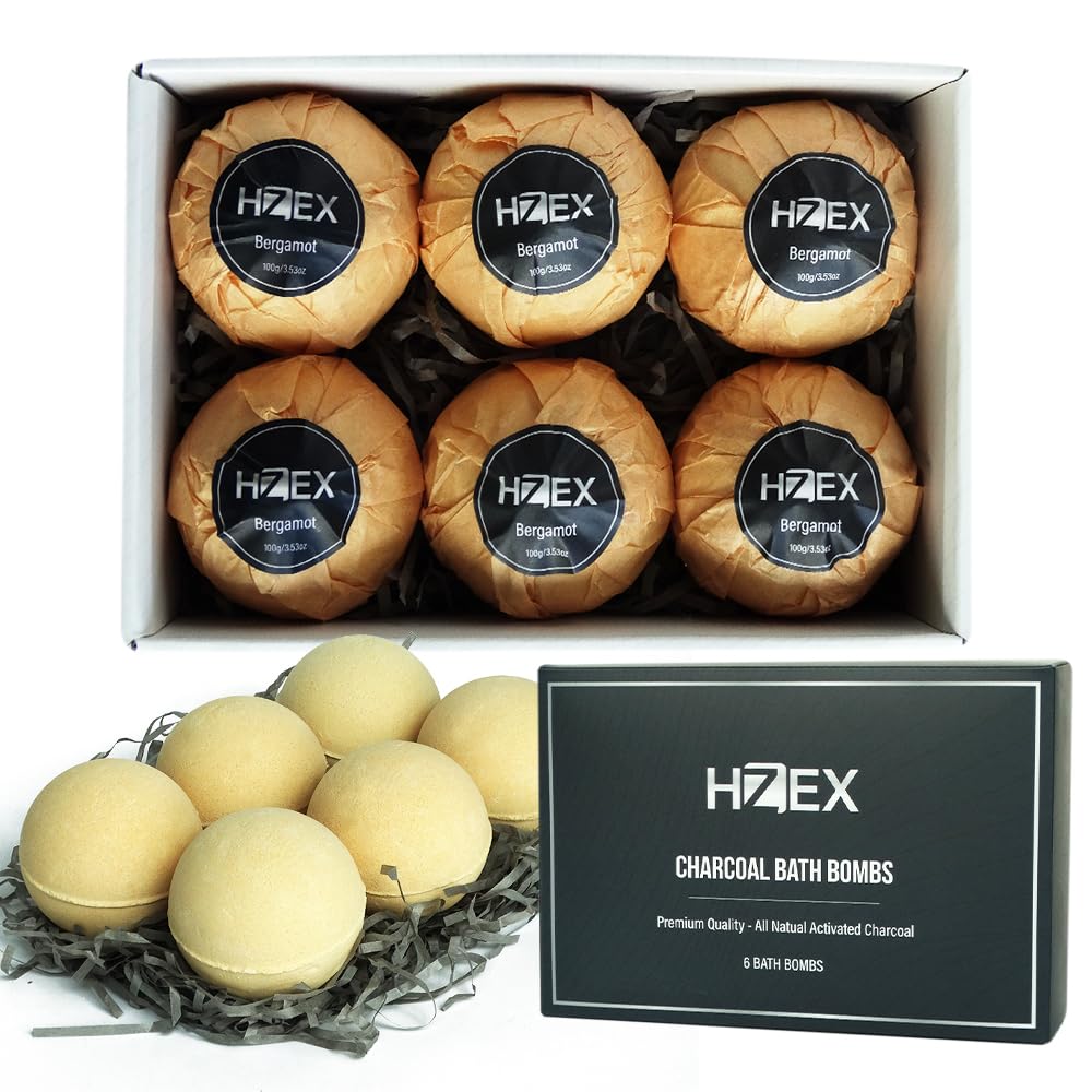 HZEX Charcoal Activated Bath Bombs for Men - Detox with Handmade Organic 6 Pack Bath Bomb Set, up to 3 Scents (Sandalwood, Bergamot, Ocean) Beauty and Personal Care HZEX