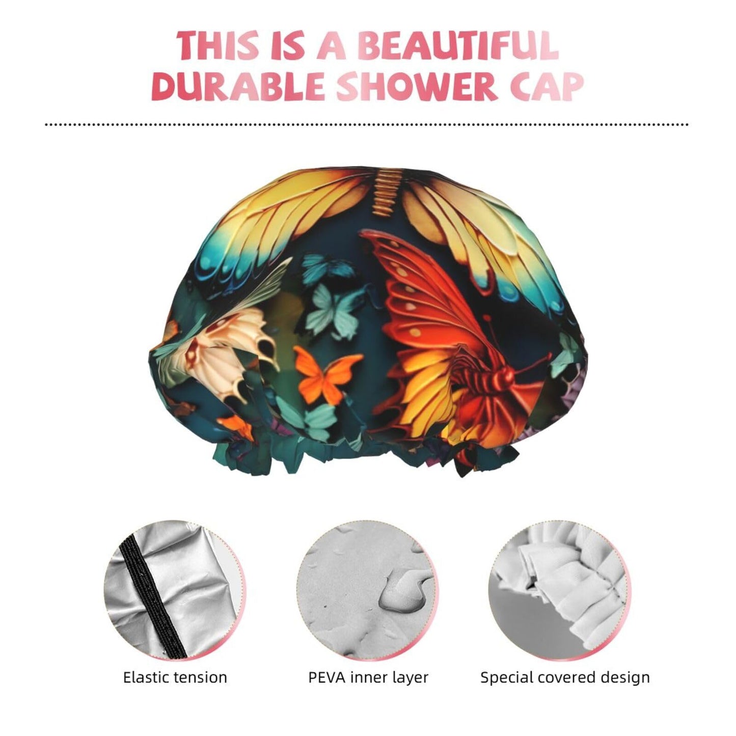 Colorful Butterfly Embroidery Paintings Shower Cap For Women Reusable Double Layers Bathing Bath Cap Hair Caps Waterproof Elastic Band Ladies Spa Beauty and Personal Care GDSHJKLW