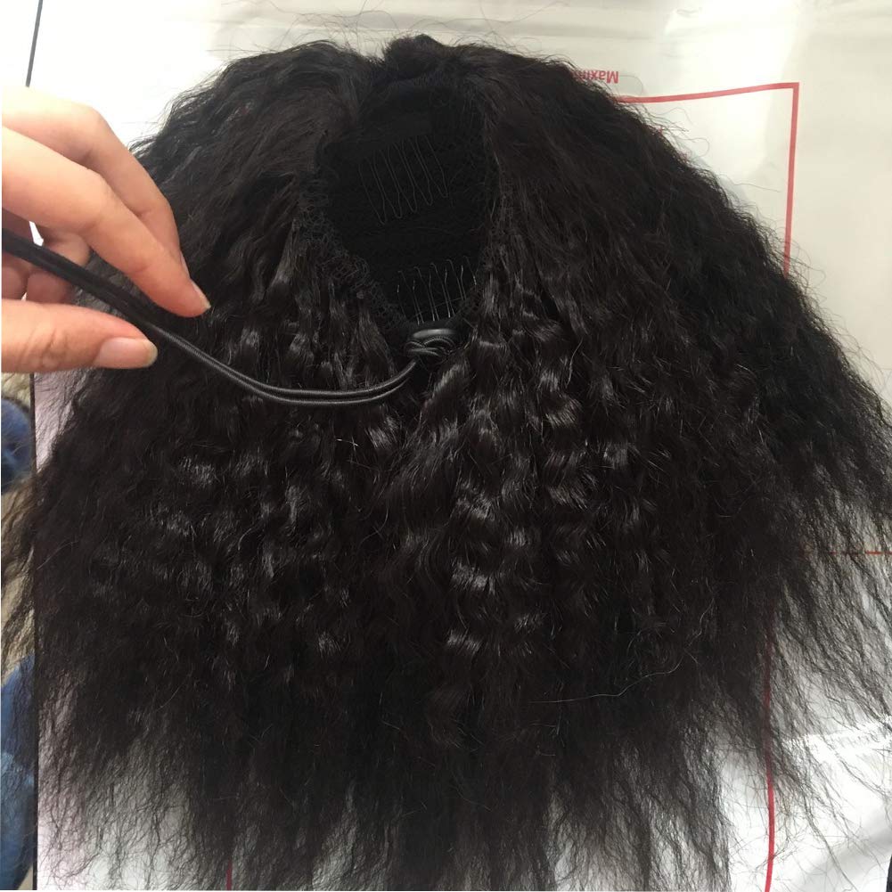 Wrap Drawstring Short Afro Kinky Straight Human Hair Puff Ponytail Extensions with Clips Coarse Yaki Straight Natural Curly Top Closure Clip Ins