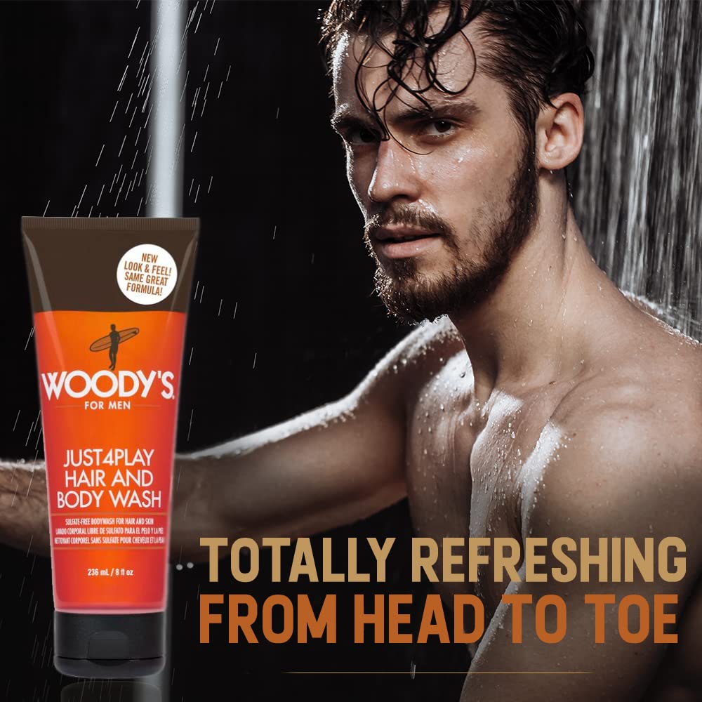Woody's Just4Play Hair and Body Wash for Men - Sulfate-Free, Deep Cleansing, Hydrating, Fresh Scent, All-in-One Shower Gel, 8 fl oz Beauty & Personal Care Woody's