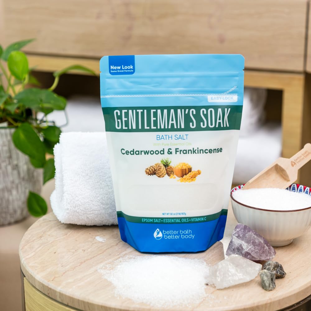Gentleman's Bath Salt 32 Ounces Epsom Salt with Natural Cedarwood, Frankincense, Eucalyptus and Peppermint Essential Oils Plus Vitamin C in BPA Free Beauty & Personal Care Better Bath Better Body