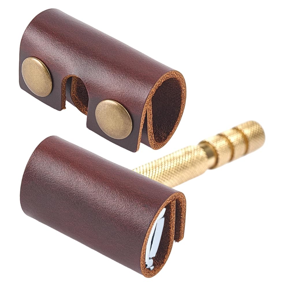 CALFOVERA 2PCS 3.43 x 1.77 Inch Genuine Leather Double Edge Razor Protective Sheath Butterfly Razor Head Protecting Cover for Travel Shaving Blade Beauty and Personal Care CALFOVERA