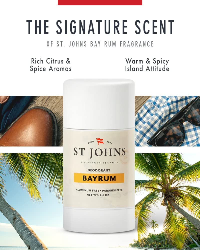 St Johns Bay Rum Aluminum Free Deodorant - Long-Lasting, Odor Resistant, & Soothing - Clear Deodorant Stick - Odor-Free Deodorant Made of Natural Beauty and Personal Care St. John