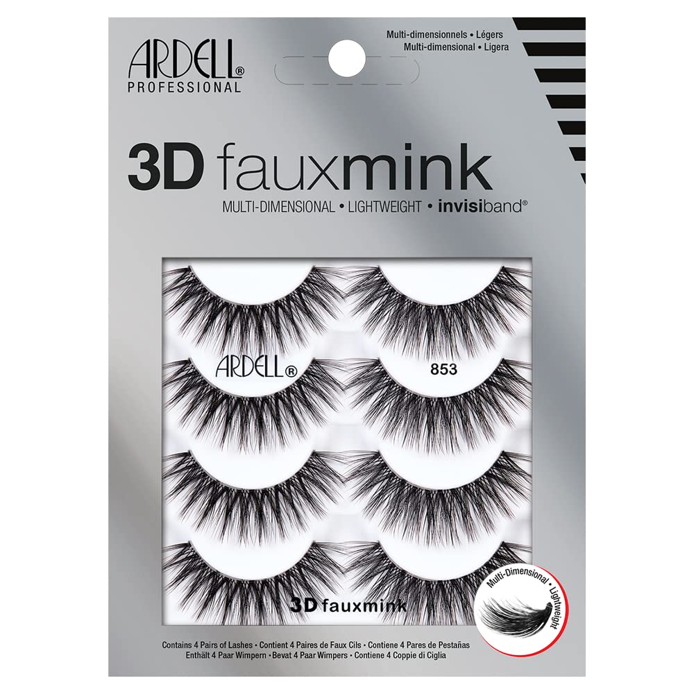 Ardell 3D Faux Mink Lashes 853 - Reusable Wispies Eyelashes with Invisiband for Seamless Volume, 4 Pairs