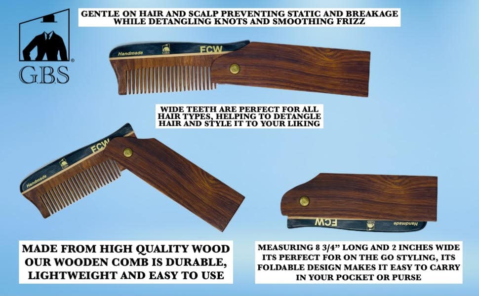 G.B.S Wooden Hair Comb for Men Pocket Folding Comb for Beard Wide Tooth Pack of 2