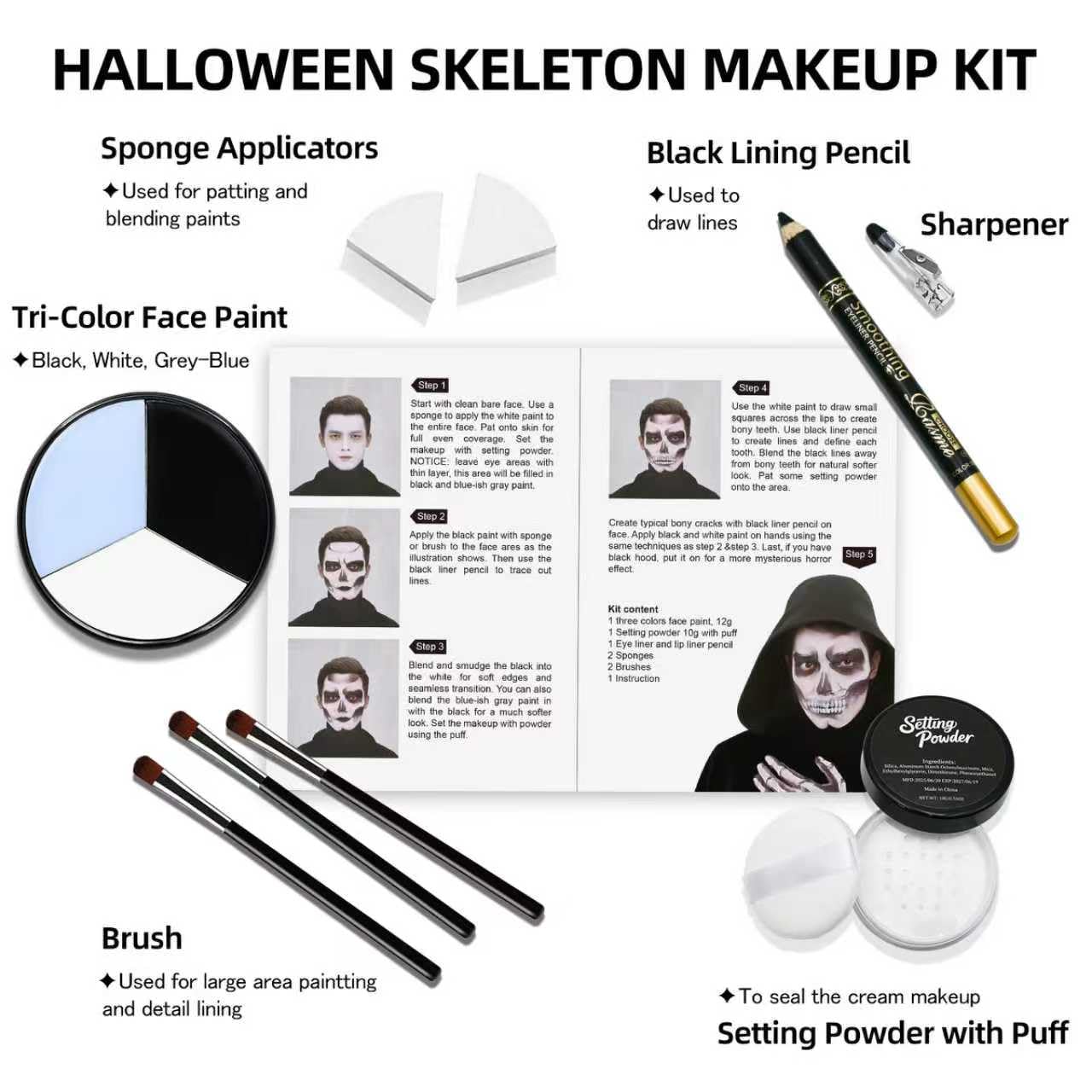 Professional Halloween Skeleton Makeup Kit, Full Face & Body Paint Set with Dual-End Brushes, Setting Powder & Easy-Grip Sponges, Ideal for SFX Beauty & Personal Care Js2U ZW