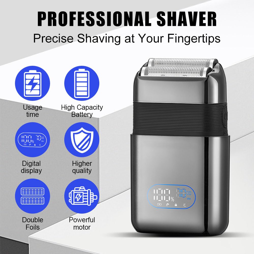 Electric Foil Shavers for Men: Portable Travel Razor with Big LED Display & 3 Floating Blades - IPX7 Waterproof Wet Dry Face, USB Beauty and Personal Care QDKVTNDJZ