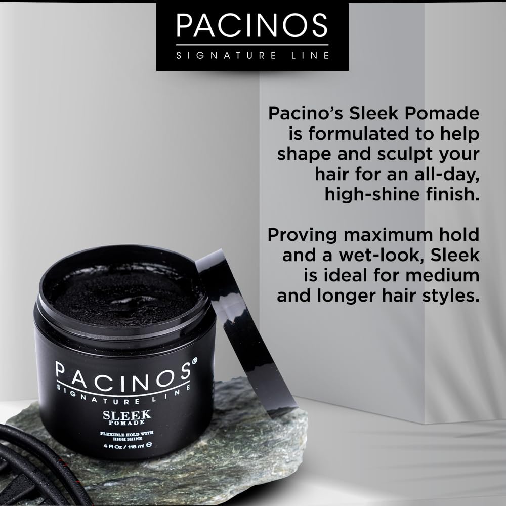 Pacinos SLEEK High Shine Flexible Pomade for Men - Long-Lasting Styling for Medium to Longer Hair - Wet Look with All-Day Hold - 4 oz Beauty & Personal Care Pacinos