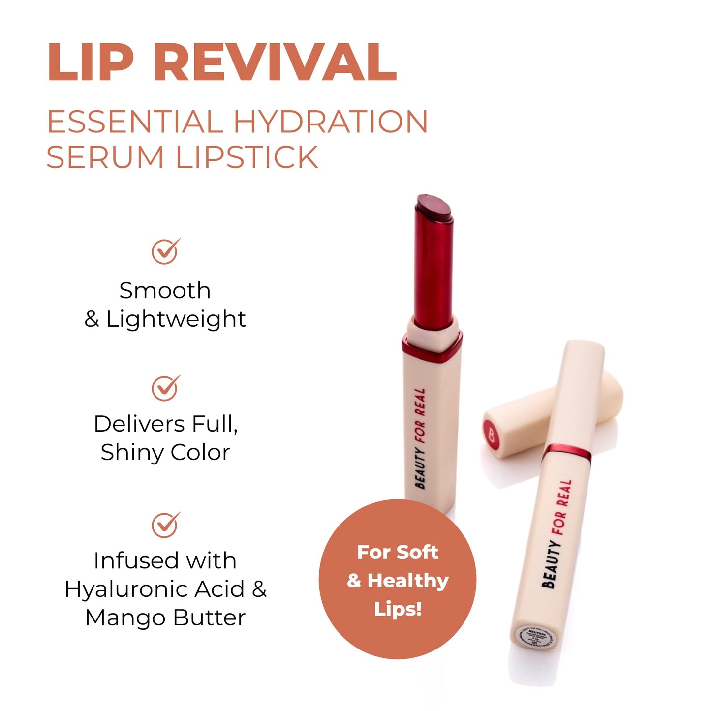 Beauty For Real Lip Revival Essential Hydration Serum Lipstick, Neutral - Lightweight & Hydrating - Contains Hyaluronic Acid, Mango Butter, and Beauty & Personal Care Beauty For Real