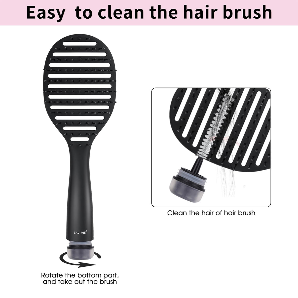 Curved Vented Hairbrush Faster Blow Drying - Detangling Brush with Built in Cleaner, Magnetic Holder and Hair Clips for Women, Men & Kids - Black Beauty & Personal Care LAVONE