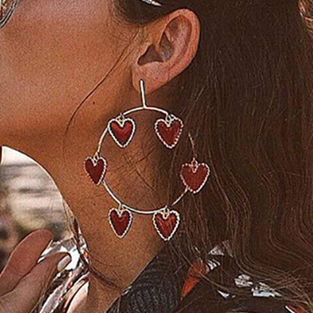 Doubnine Large Hoop Earrings Red Heart Circle 80s Silver Dangle Earrings Wedding Bridal Love Sweet Bohemian Jewelry for Women Girls Beauty & Personal Care Doubnine