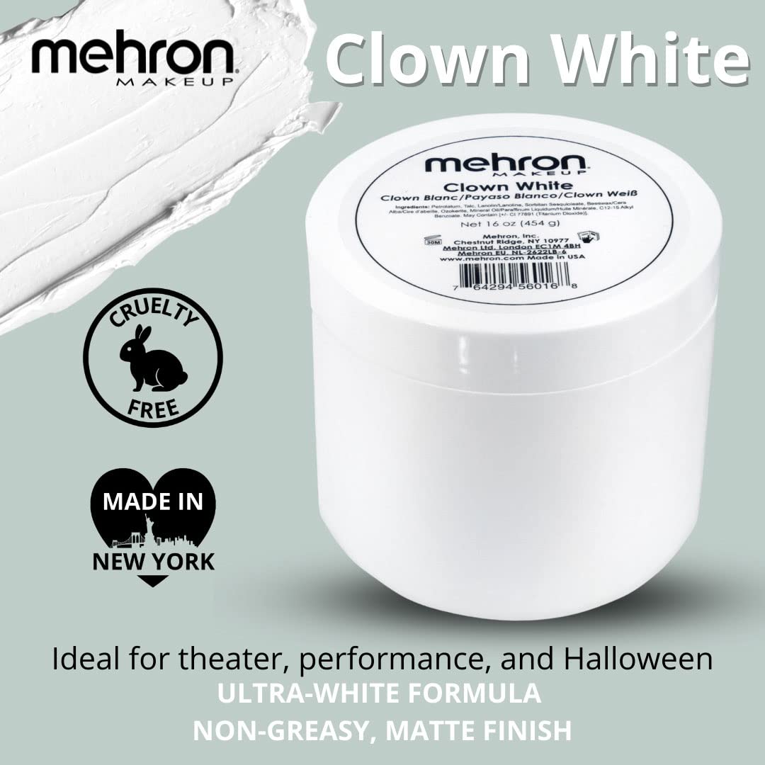 Mehron Makeup Clown White Professional Face Paint Cream Makeup | White Face Paint for Stage, Film, Cosplay, & Mime | Halloween Clown 16 oz (453g) | Beauty & Personal Care Mehron