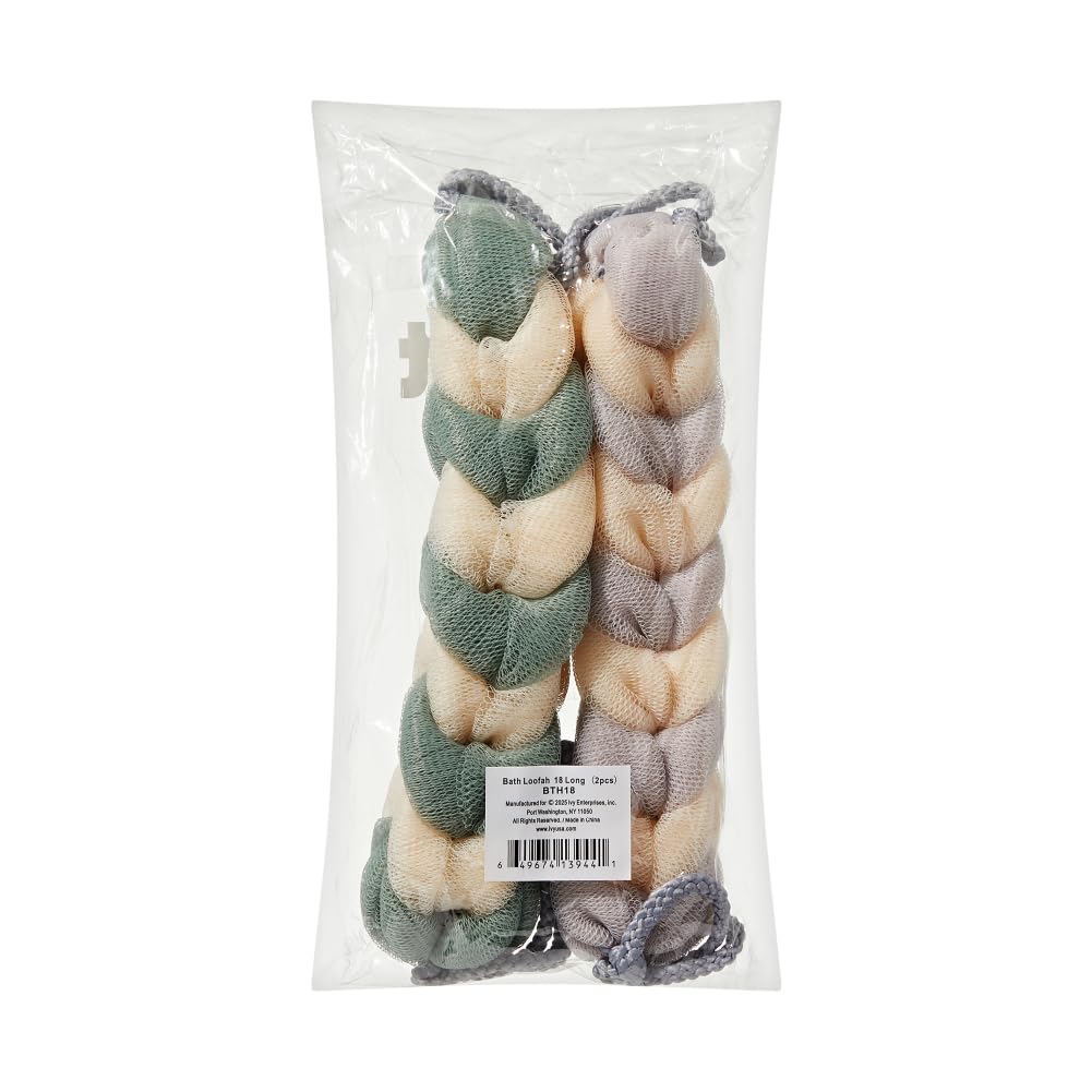 Éclat Long Stretch Back Loofah, Braided Mesh Shower Sponge with Rope Handles, Exfoliating Body Scrubber, Long Handle Bath Pouf for Deep Cleansing Beauty and Personal Care Éclat