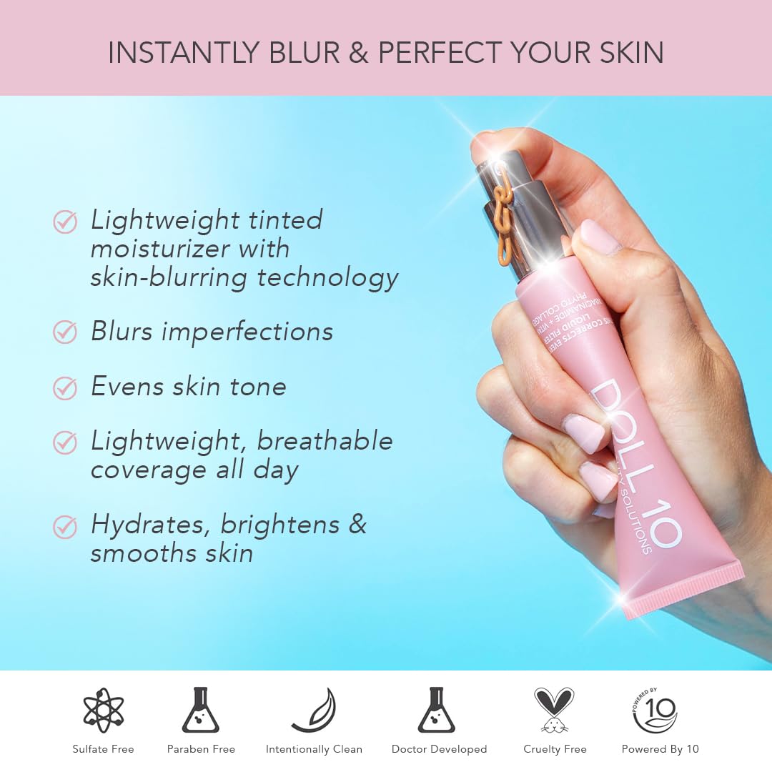 Doll 10 TCE Liquid Filter - CC Cream - Liquid Foundation - Lightweight Tinted Moisturizer & Skin Tint - Blurs Pores & Fine Lines - Vegan - Clean
