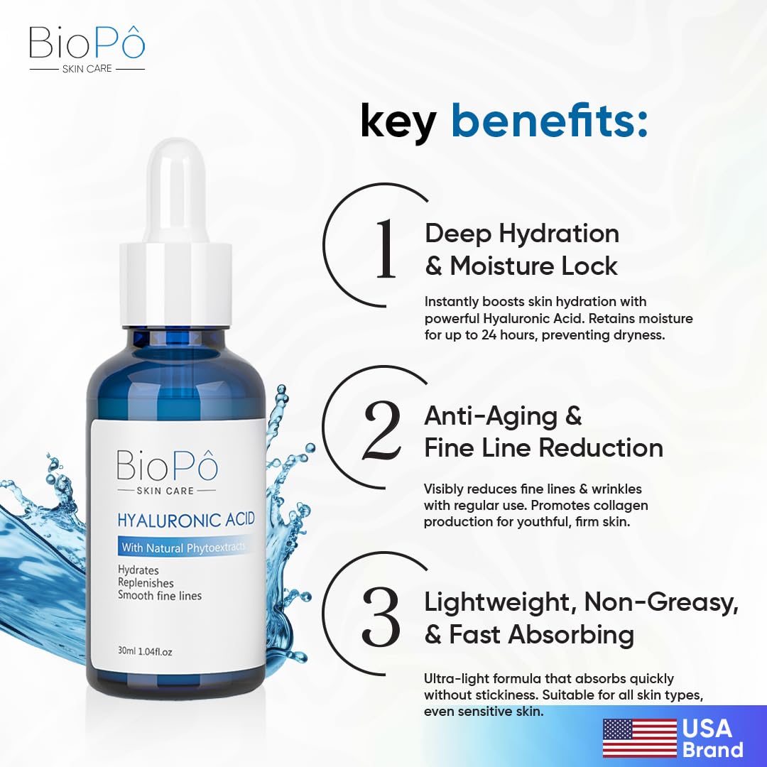 Hyaluronic Acid Serum 30 ml - Hydrating and Anti-Aging, Smooths Fine Lines, Replenishes Skin, Pure Hyaluronic Acid for Face & Skin - Suitable All Skin Beauty & Personal Care BioPo
