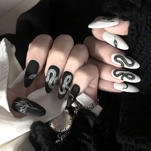 MISUD Press on Nails - Medium Stiletto Glue on Nails with Goth Snake, Acrylic Gothic Black White Design 24 pcs Beauty & Personal Care MISUD