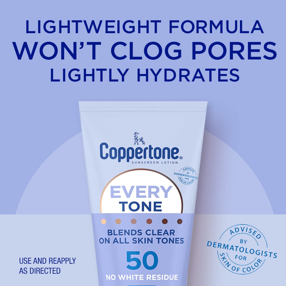 Coppertone Every Tone Sunscreen Lotion SPF 50, Lightweight, Rubs on Clear Sunscreen for All Skin Tones, Formulated with Nourishing Vitamin E, 7 Fl Oz Beauty & Personal Care Coppertone