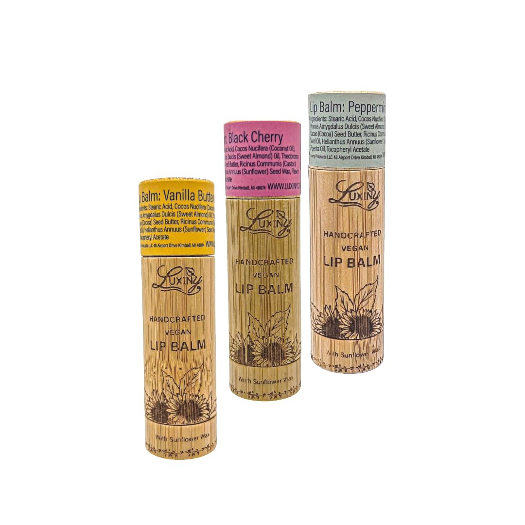 Luxiny Lip Balm 3-Pack - Vegan, Natural Moisturizing Lip Care in Bamboo Tubes with Sunflower Wax and Vitamin E (.15, Peppermint, Vanilla Buttercream Beauty and Personal Care Luxiny