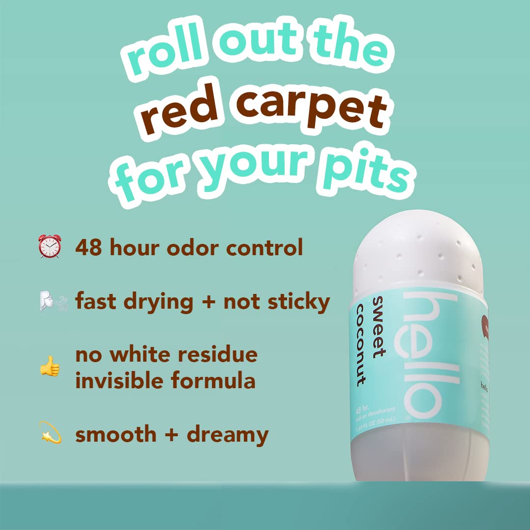Sweet Coconut Roll On Deodorant, Aluminum Free for Women & Men, 48 Hour Non Sticky, Dries Quick, No White Residue, Travel Size, 2 Pack, 1.69 oz Each Beauty and Personal Care hello