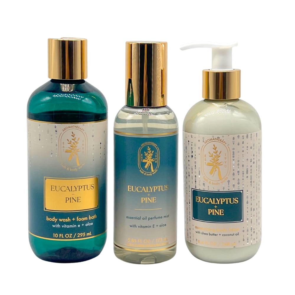 Bath & Body Works EUCALYPTUS PINE Essential Oil Mist, Body Wash & Foam Bath, and Moisturizing Body Lotion 3pc Gift Set with w/ 30-Inch Christmas Pine Beauty and Personal Care Bath & Body Works
