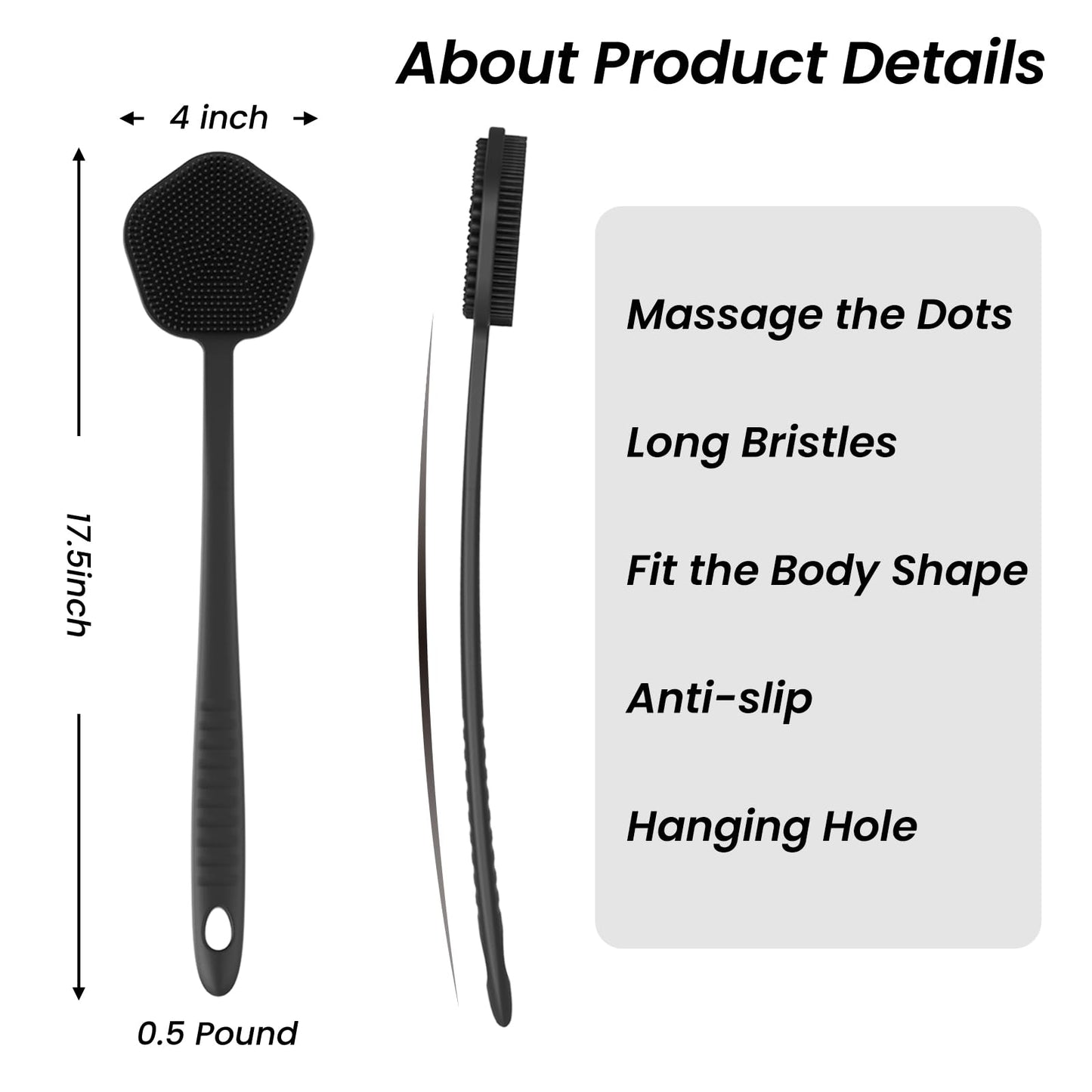 Redfly Silicone Back Scrubber for Shower Brush, 17.5 inch Long Handled Silicone Body Scrubber for Men & Women, Double Sided Shower Scrubber for Body Beauty and Personal Care Redfly