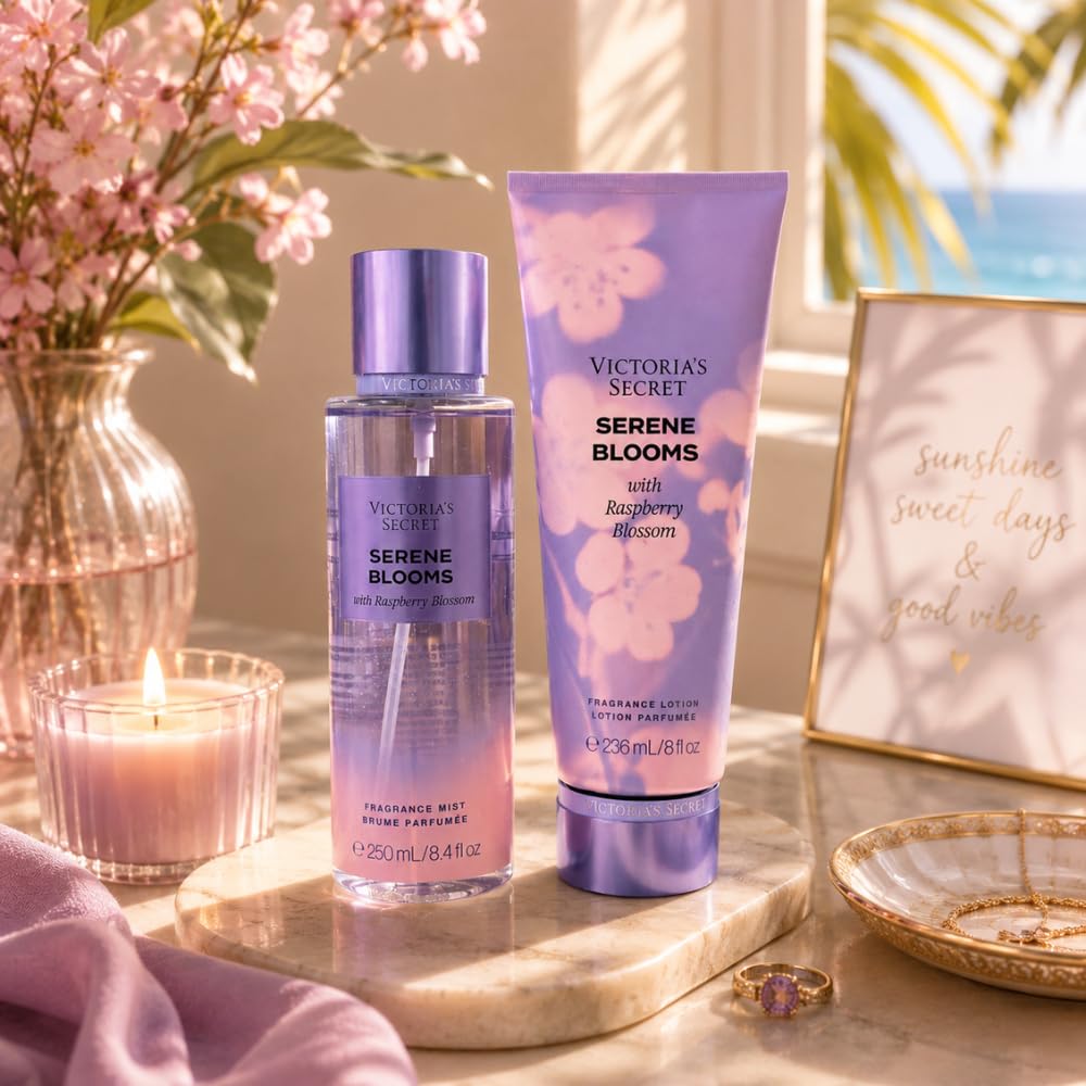 Victoria's Secret SERENE BLOOMS Fragrance Mist & Lotion - Floral Fruity Scent - 2-Piece Bundle for Women - Full Size