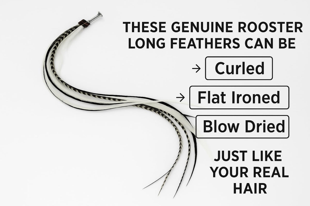 Feather Hair Extension - 5 Real Rooster Feathers Bonded at Tip, Black & White Zebra Pattern, 7-11” Long, Includes 2 Silicone Micro Beads for Easy