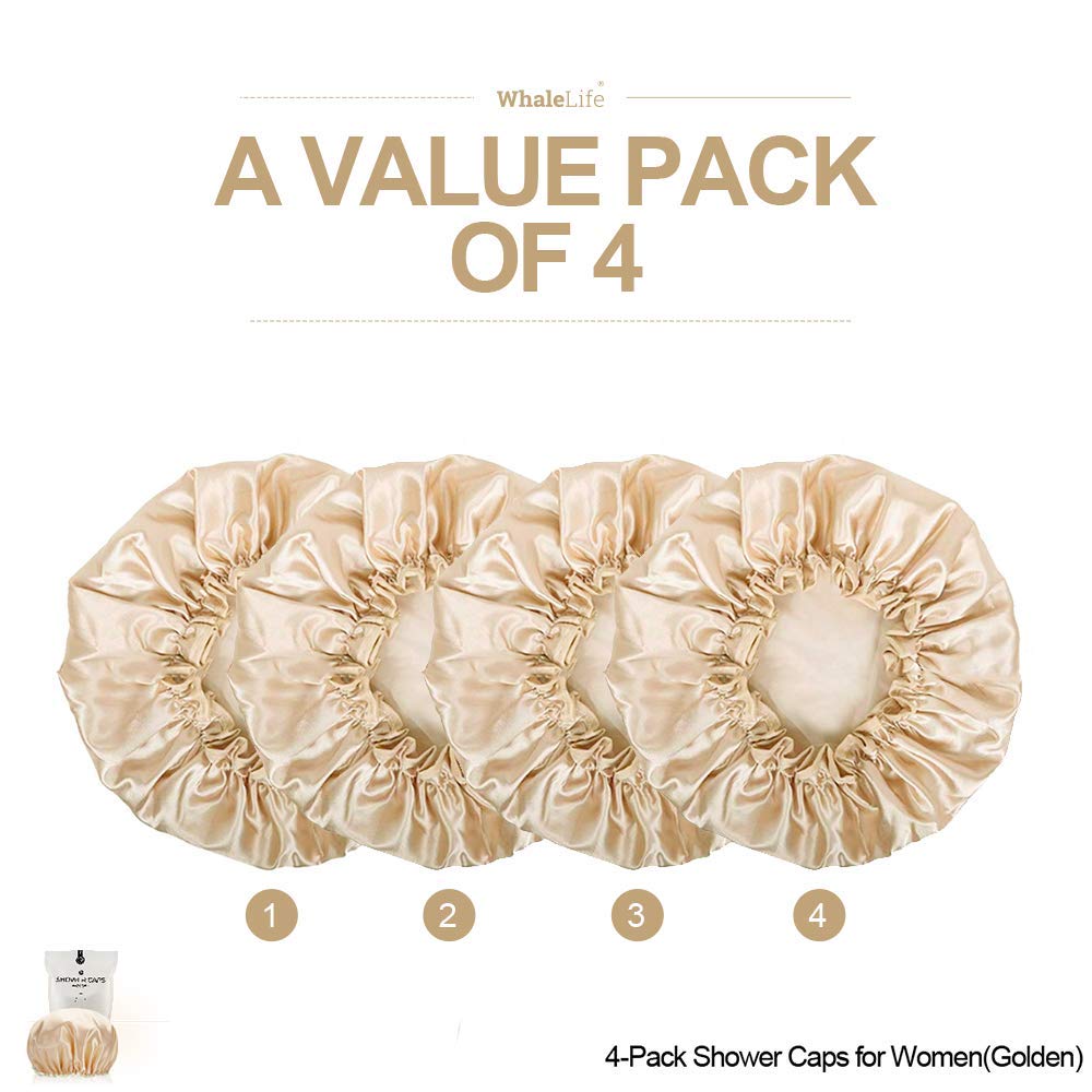 Shower Cap for Women Reusable Extra Large Shower Cap for Men (Golden 4 Pack Large) Satin Double Layer EVA Waterproof Long Hair Cap Beauty & Personal Care WhaleLife