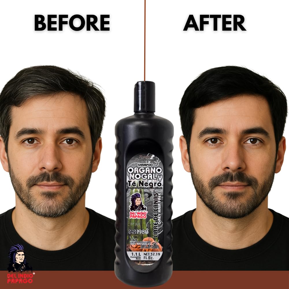 Del Indio Papago Organo Nogal y Té Negro Shampoo 1.1L - Black Walnut & Black Tea Herbal Shampoo for Dark-Looking Hair - Gentle Cleansing Formula - For