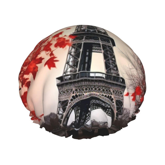 Eiffel Tower Autumn Leaves Shower Cap for Women Men Large Reusable Shower Bonnet Double-Layer Waterproof Bath Caps Elastic Band Hair Hat for All Beauty and Personal Care BWLHJKE