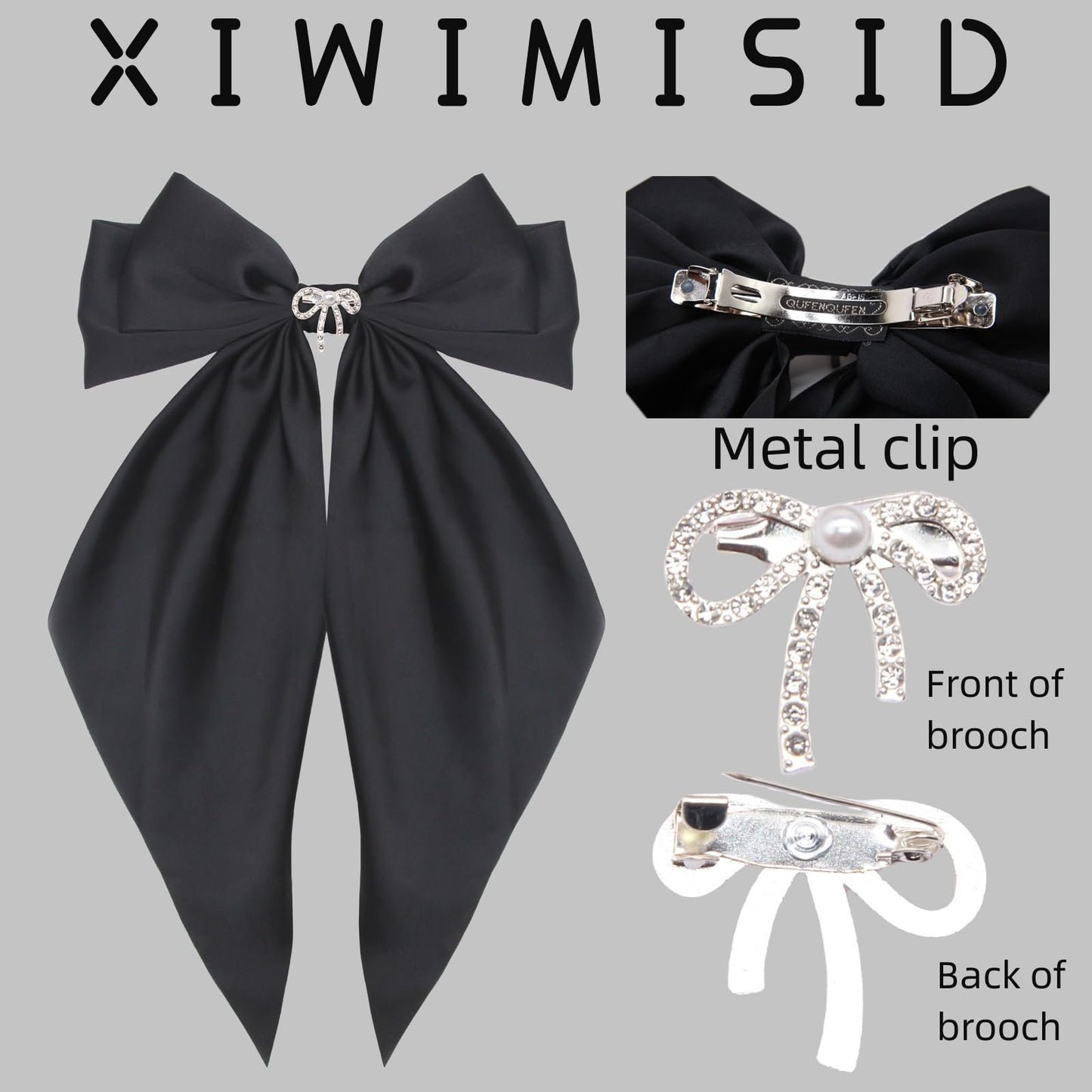 Big Bow Hair Clips for Women And Girls, Cute Silky Satin Bows Barrettes Hair Accessories Oversized Long Tail Ribbons Metal Hairpin 2pcs (black+white) Beauty & Personal Care XIWIMISID