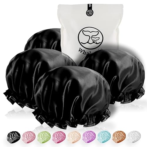WhaleLife Shower Cap - Black Double-Layer Waterproof Reusable Satin-Lined for Women Men | Fits Thick Hair | Home Spa Travel 4 Pack Beauty & Personal Care WhaleLife