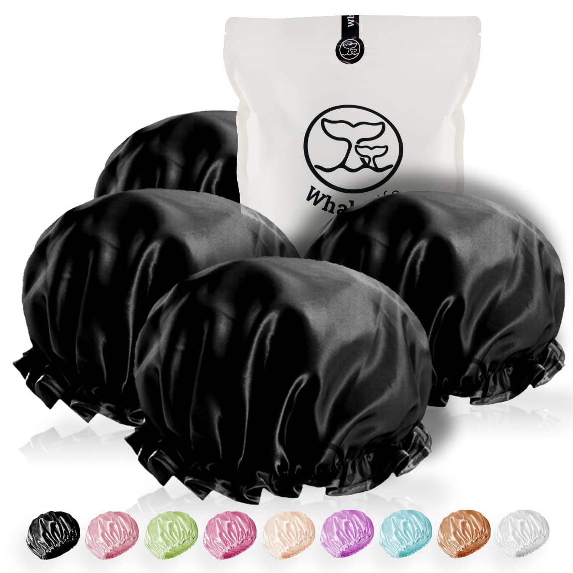 WhaleLife Shower Cap - Black Double-Layer Waterproof Reusable Satin-Lined for Women Men | Fits Thick Hair | Home Spa Travel 4 Pack Beauty & Personal Care WhaleLife