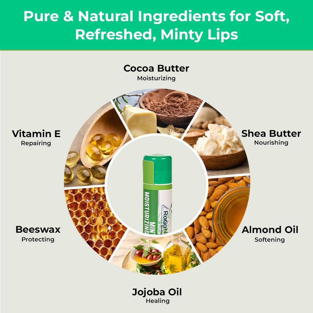 RaGaNaturals Natural Mint Lip Balm - Hydrating Lip Moisturizer for Dry & Cracked Lips with Shea Butter, Cocoa Butter, Vitamin E & Beeswax - Refreshing Beauty and Personal Care RaGaNaturals